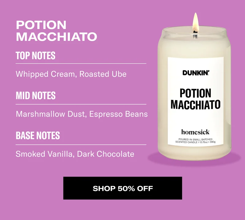 Potion Macchiato | Top Notes - Whipped Cream, Roasted Ube | Mid Notes - Marshmallow Dust, Espresso Beans | Base Notes - Smoked Vanilla, Dark Chocolate | Shop 50% Off