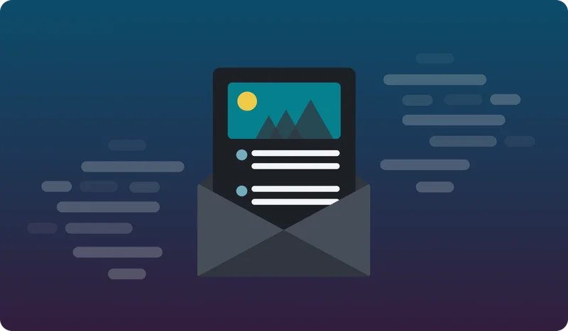 Icon of email in Dark Mode with lines of code behind