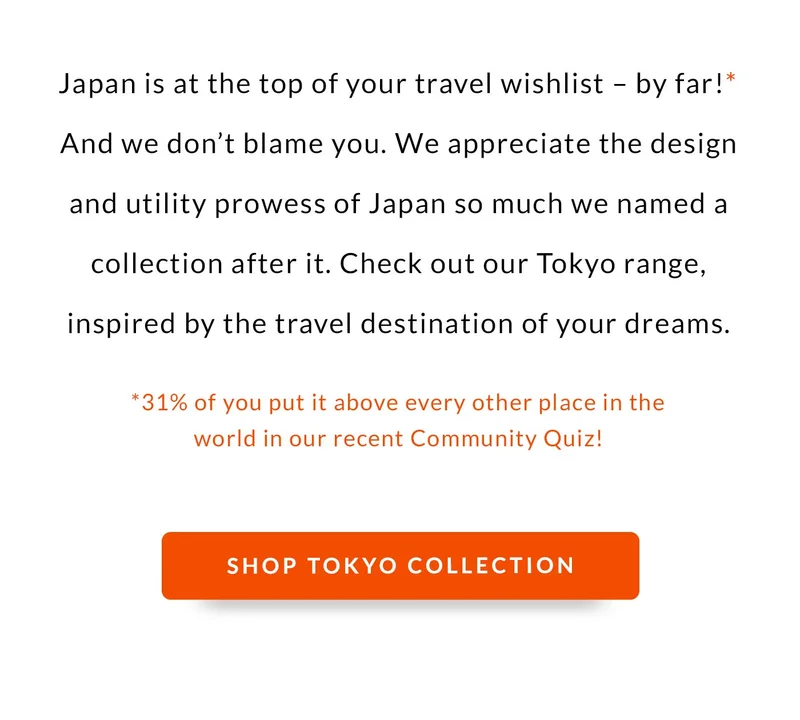 Japan is at the top of your travel wishlist – by far!* And we don’t blame you. We appreciate the design and utility prowess of Japan so much we named a collection after it. Check out our Tokyo range, inspired by the travel destination of your dreams.  *31% of you put it above every other place in the world in our recent Community Quiz!