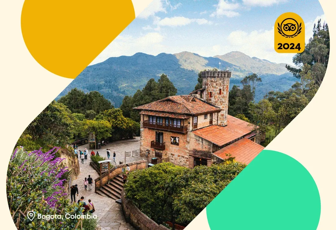 Image Description: Rotating gif of destinations including: a villa in the mountains in Bogota, Colombia, a woman standing in a mosque square in Casablanca, Morocco, people walking around a temple in Tokyo, Japan. A yellow and green circle frame the images and a Travelers’ Choice Best of the Best 2024 yellow logo is on the top right.