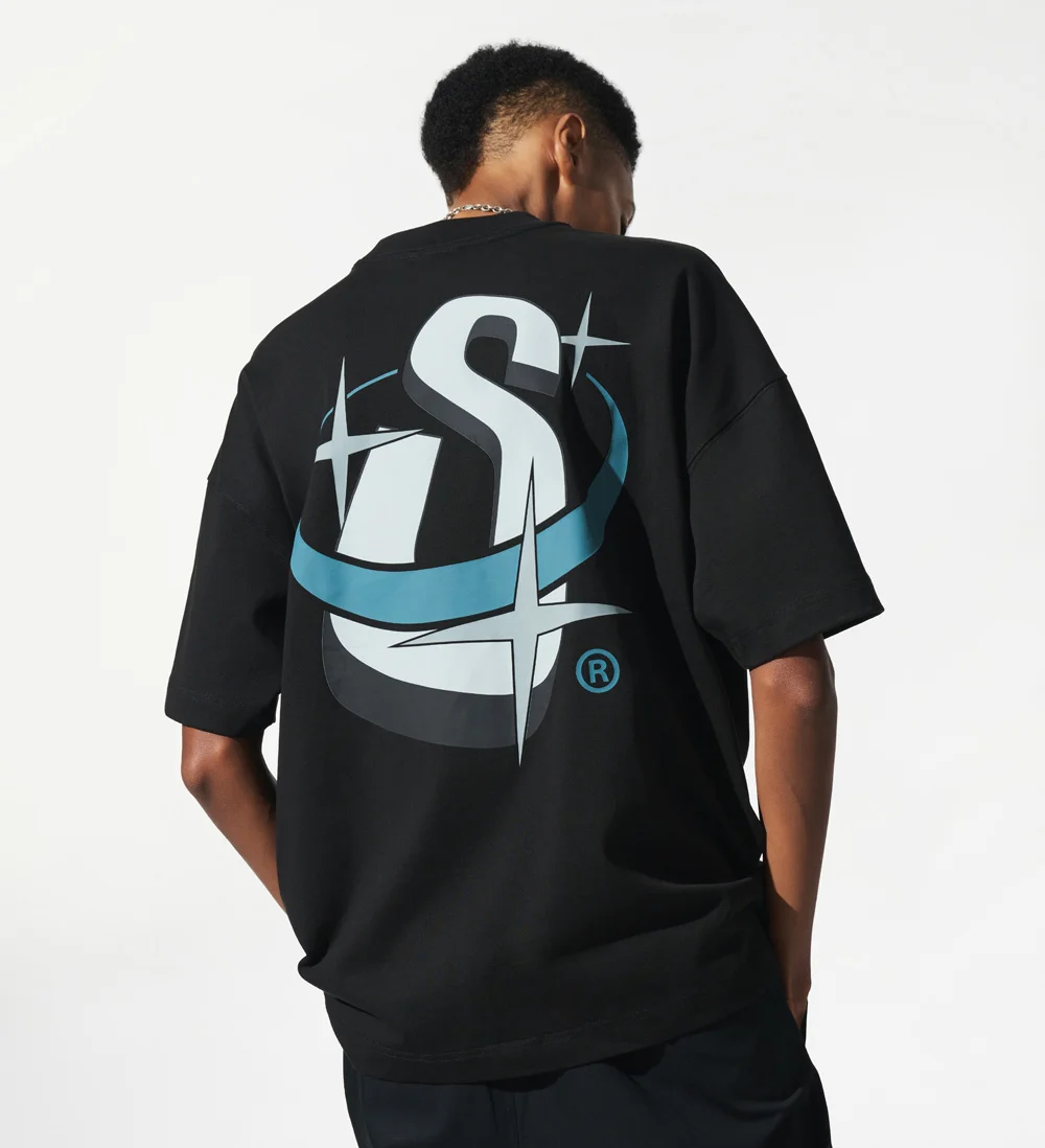Model wearing Satellite Logo T-shirt.