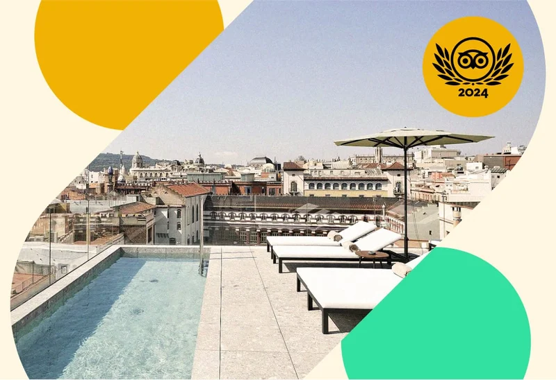 Image Description: White lounge chairs on a rooftop pool overlooking the city. A gold 2024 Travelers’ Choice Awards Best of the Best badge is on the top right corner of the image.