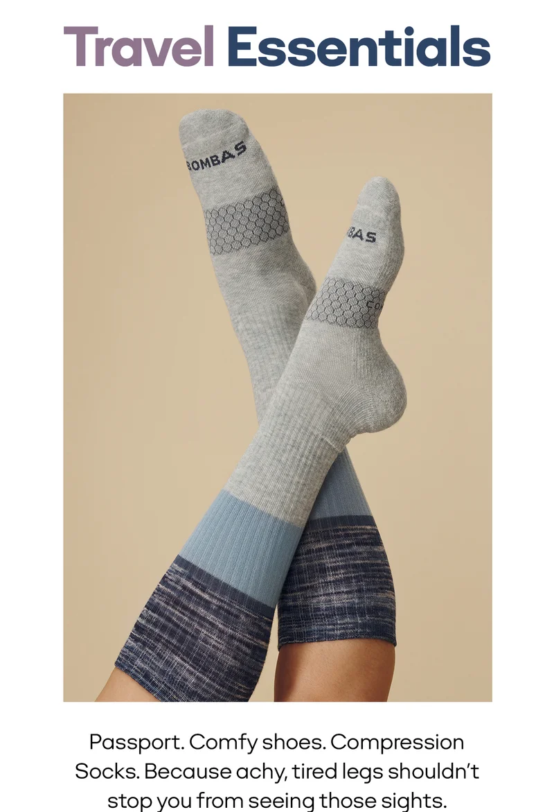 Travel Essentials | Passport. Comfy shoes. Compression Socks. Because achy, tired legs shouldn’t stop you from seeing those sights.