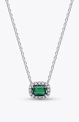 Rectangular Sparkling Green Halo Pendant Necklace