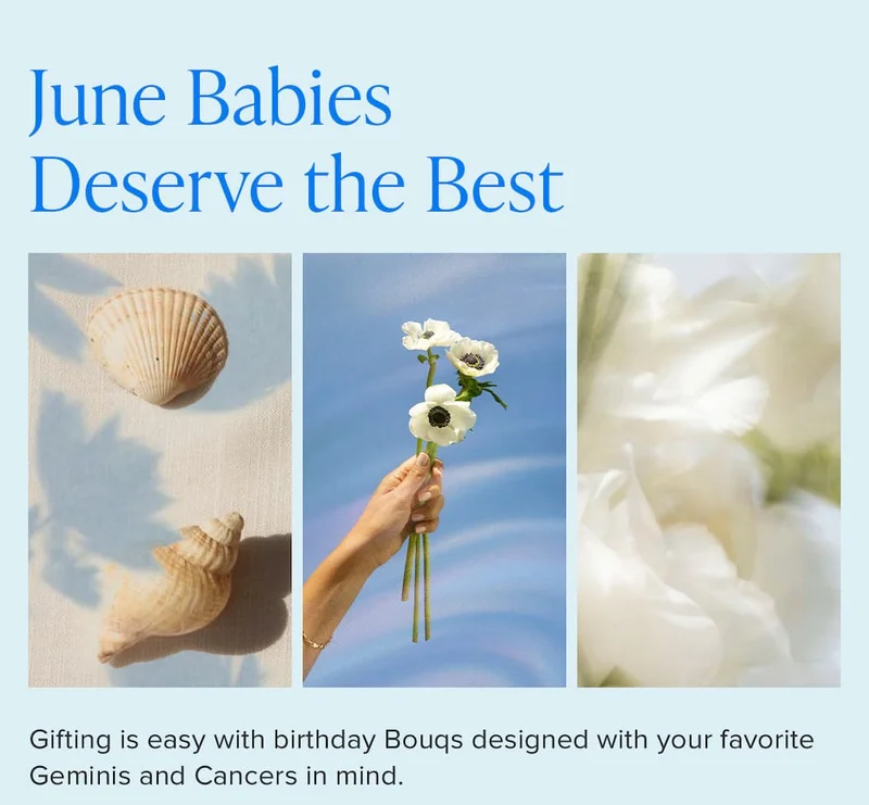 June Babies Deserve the Best. Gifting is easy with birthday Bouqs designed with your favorite Geminis and Cancers in mind.