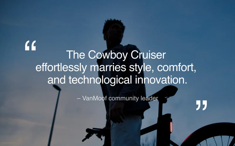 A photograph with a quote from VanMoofer about Cowboy