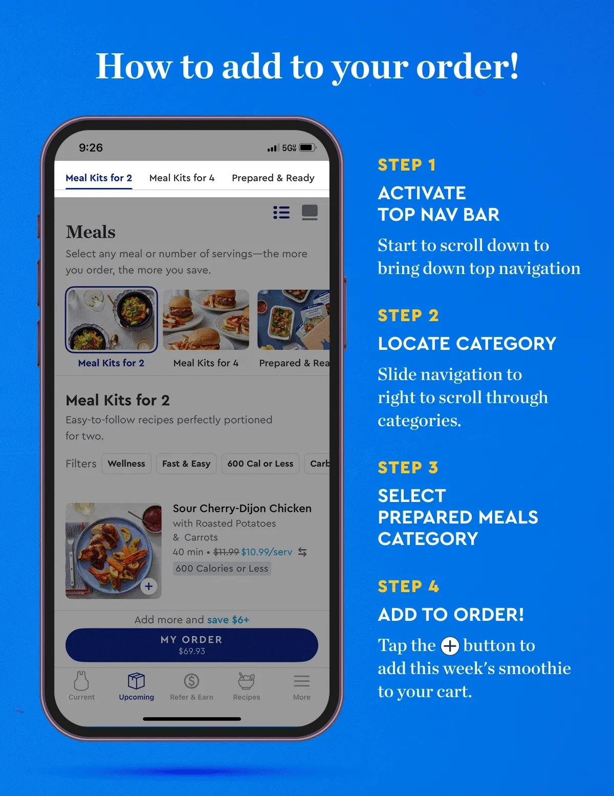 How to Add to Your Order | Step 1 - Activate Top Nav Bar | Step 2 - Locate Category | Step 3 - Select Prepared Meals Category | Step 4 - Add to order!