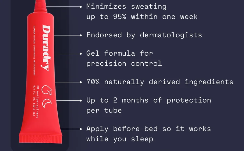 Minimizes sweating  up to 95% within one week Endorsed by dermatologists Gel formula for  precision control 70% naturally derived ingredients Up to 2 months of protection  per tube Apply before bed so it works while you sleep