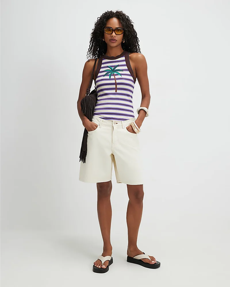 Womens Brown Stripe Palm Tree Embroidered Tank Top