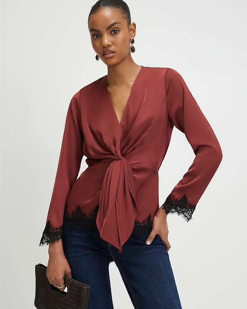 Womens Brown Knot Front Lace Top