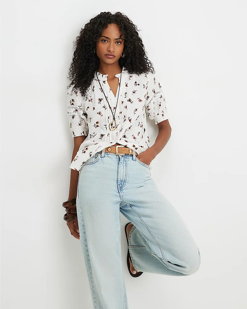Womens Cream Floral Textured Pintuck Blouse