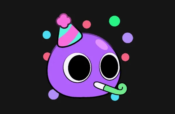 A purple cartoon character with large black eyes, wearing a party hat and blowing a party horn, with colorful confetti-like dots in the background.