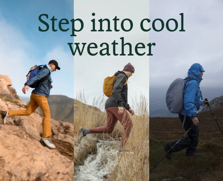Three-part collage of a person hiking among different environs. Headline: Step into cool weather.