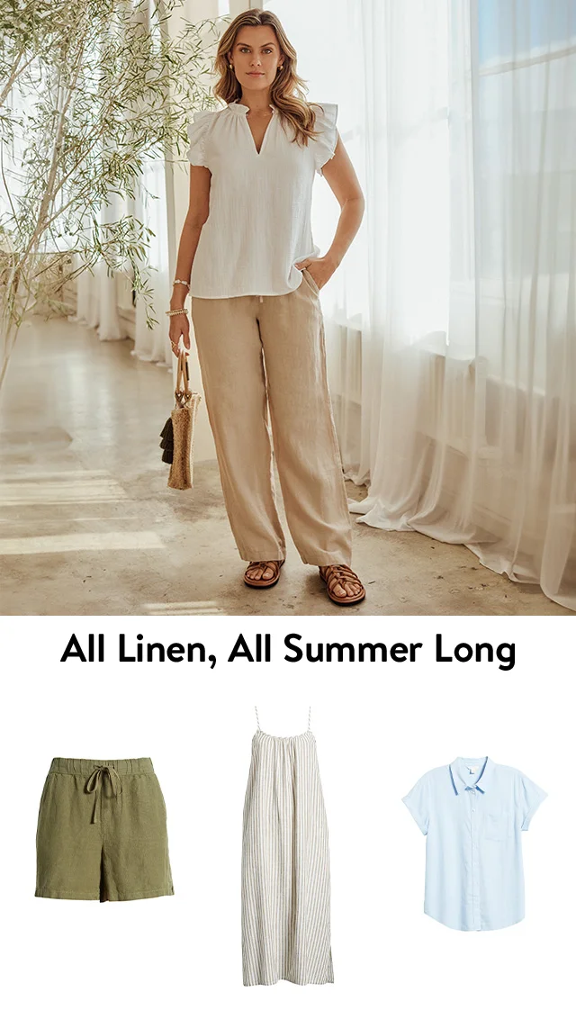 A woman wearing a white linen top with tan linen pants. Green linen shorts, a striped linen dress, a blue linen button-up shirt.