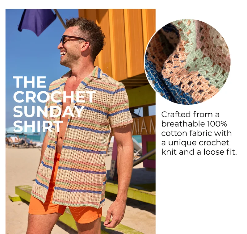 THE CROCHET SUNDAY SHIRT: Crafted from a breathable 100% cotton fabric with a unique crochet knit and a loose fit.