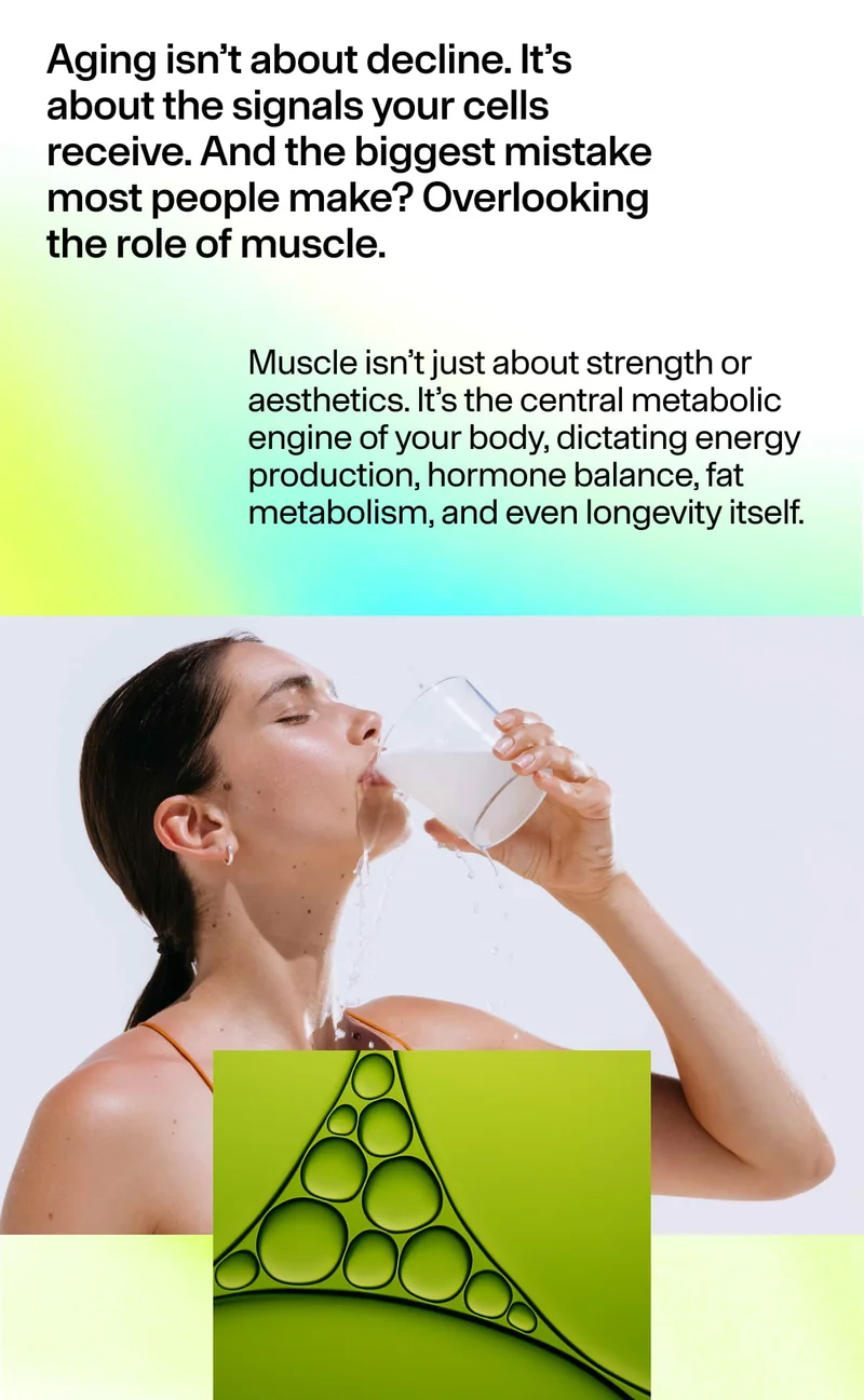 Woman drinking a glass of ARMRA Colostrum with educational text about muscle, aging, and metabolism.