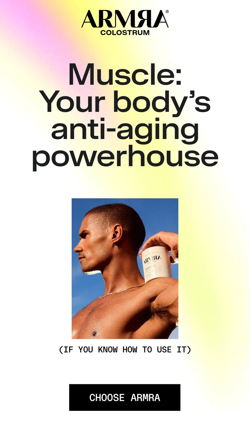 Shirtless man holding ARMRA Colostrum against a blue sky beneath headline about muscle and anti-aging.