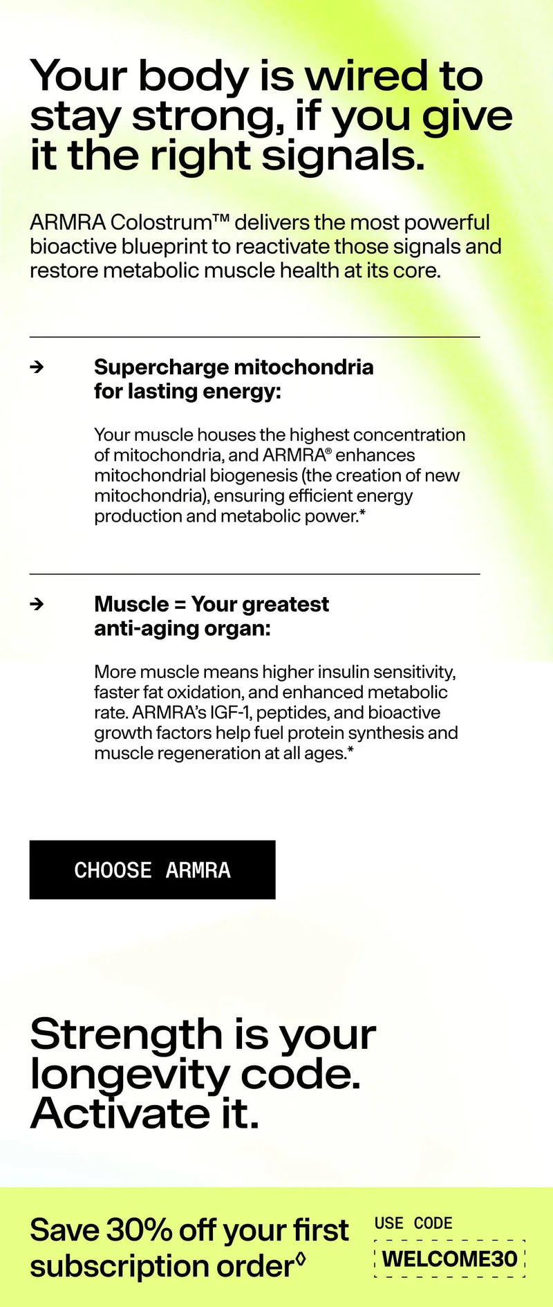 Text explaining how ARMRA Colostrum supports muscle signaling, energy, and metabolic health.