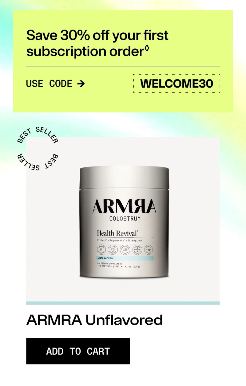 ARMRA Unflavored Colostrum container displayed on a light background with “Add to Cart” button.