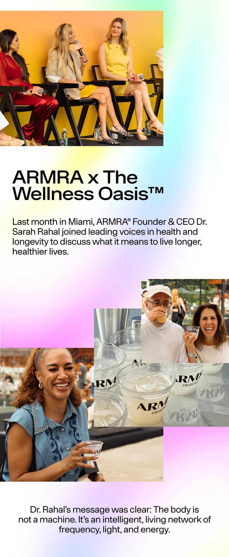 Panel discussion featuring ARMRA founder Dr. Sarah Rahal speaking with wellness leaders in Miami.