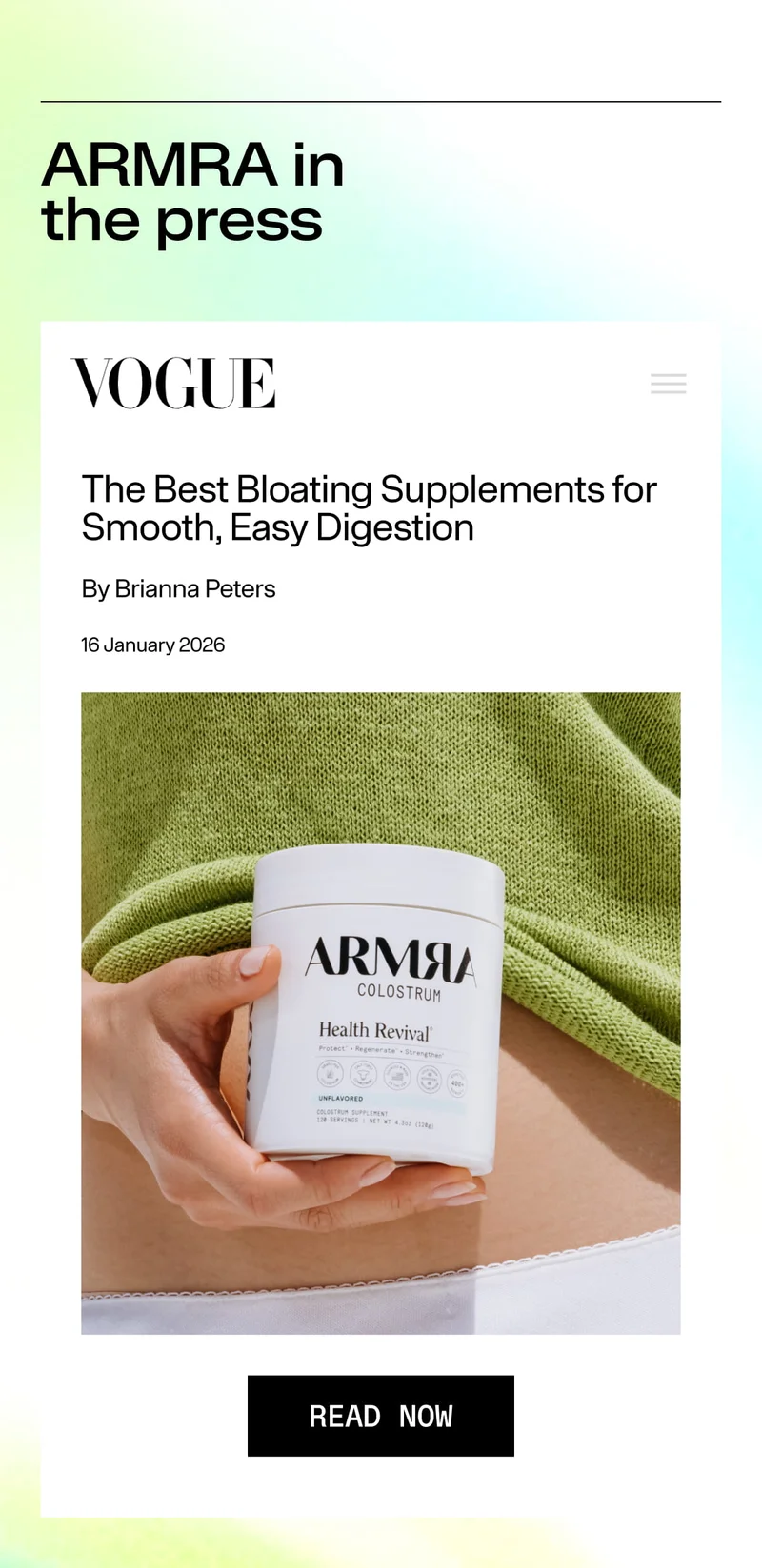 Vogue article feature highlighting ARMRA Colostrum for digestion, shown with product image.