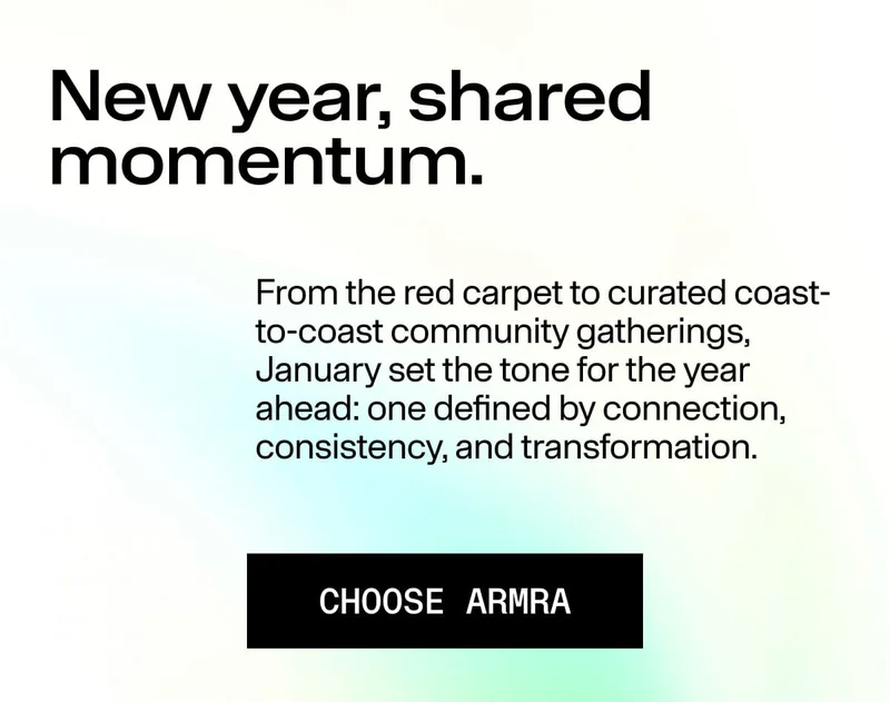 Text reading “New year, shared momentum” with a call-to-action button labeled “Choose ARMRA.”