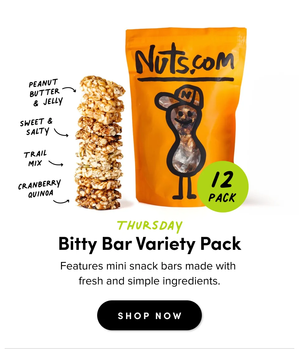 Thursday Bitty Bar Variety Pack Features mini snack bars made with  fresh and simple ingredients. SHOP NOW