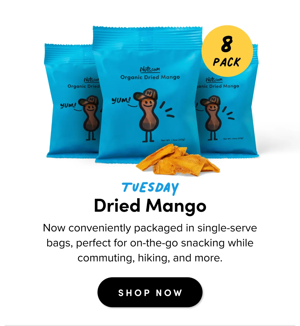 tuesday Dried Mango Now conveniently packaged in single-serve bags, perfect for on-the-go snacking while commuting, hiking, and more. SHOP NOW