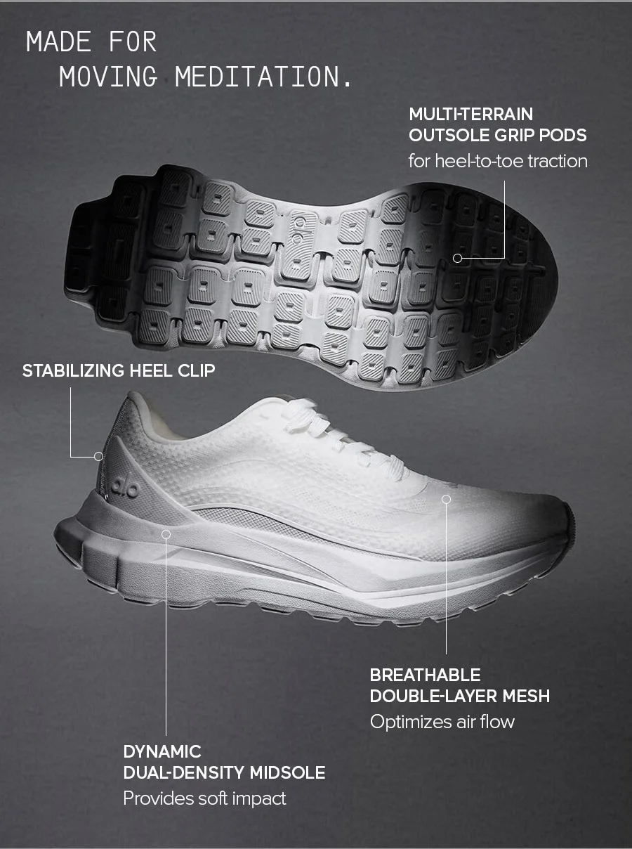 Made for Moving Meditation. Multi-Terrain Outsole Grip Pods. Stabalizing Heel Clip. Breathable Double-Layer Mesh. Dynamic Dual-Density Midsole.