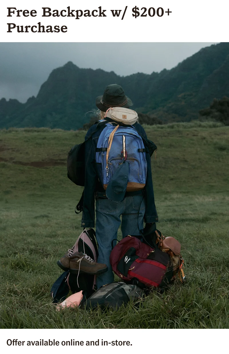 Free Backpack w/$200+ Purchase. Offer available online and in-store.
