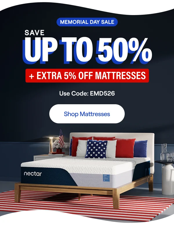 Save Up to 50% + Extra 5% on Mattresses* (Memory Foam or Hybrid). Code: discount code
