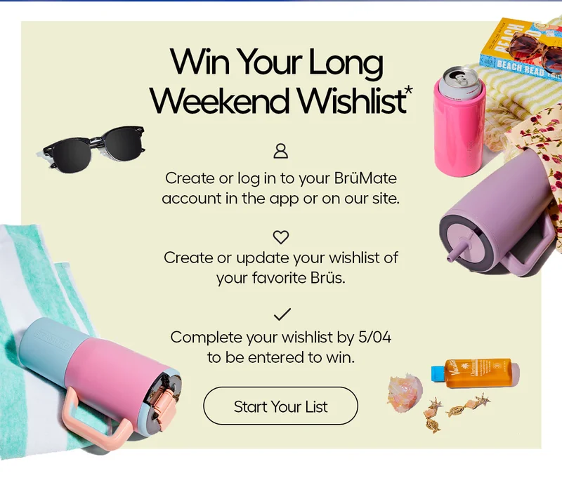 Win Your Long Weekend Wishlist* Create or log in to your BrüMate account in the app or on our site to create or update your wishlist of your favorite Brüs.