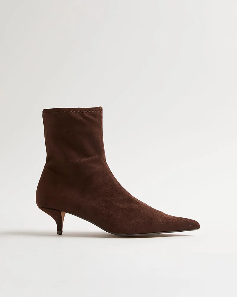 Womens Brown Faux Suede Pointed Toe Sock Boots
