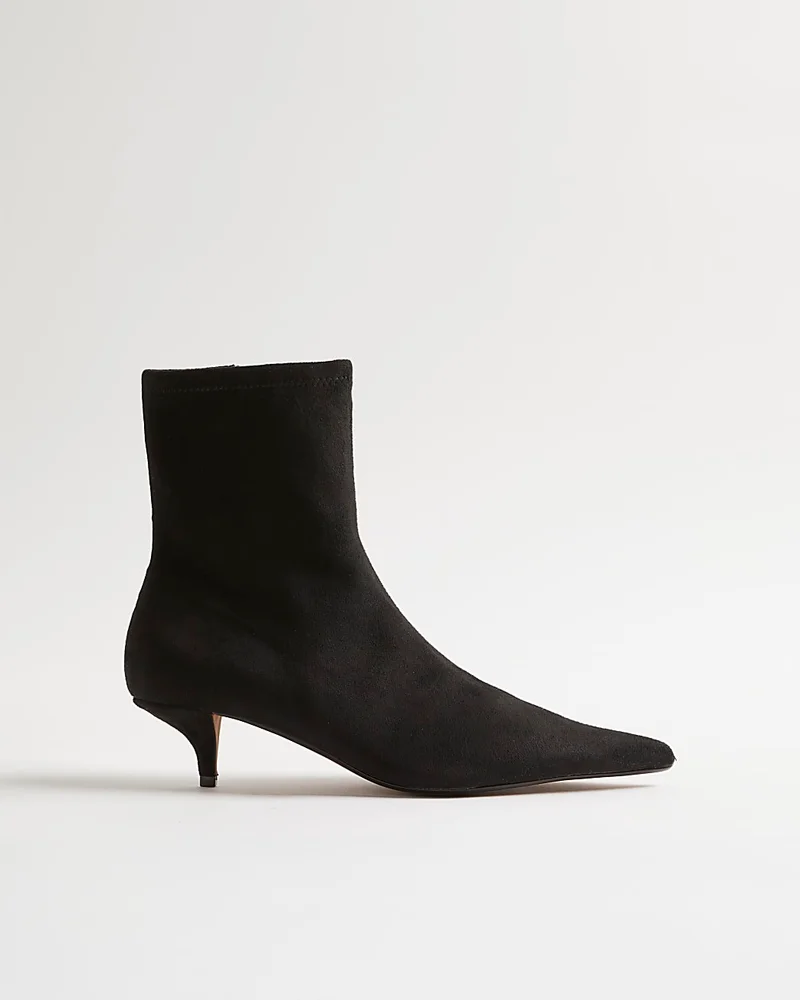 Womens Black Faux Suede Pointed Toe Sock Boots