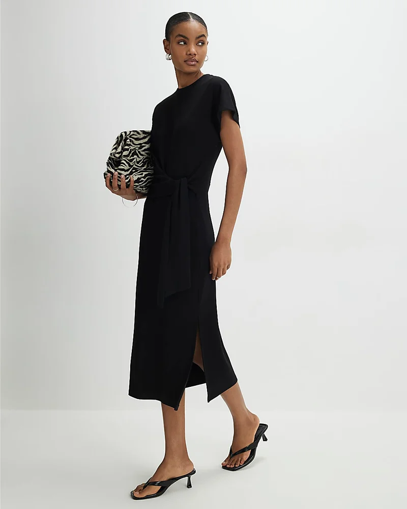 Womens Black Premium Short Sleeve Knot Midi Dress