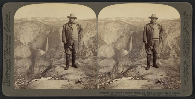 In this stereoscopic photograph, circa 1903, President Theodore Roosevelt stands at Glacier Point in California’s Yosemite National Park. One of the park system’s greatest patrons, Roosevelt established five national parks during his administration.