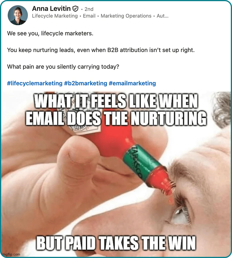 Linked In post from Anna Levin with and image of someone putting tabasco in their eyes with the text what it feels like when email does the nurturing but paid takes the win.