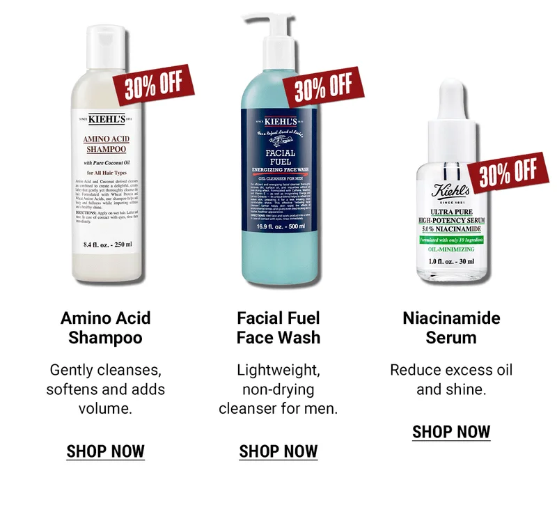 Amino Shampoo, Facial Fuel Face Wash, Niacinamide Serum