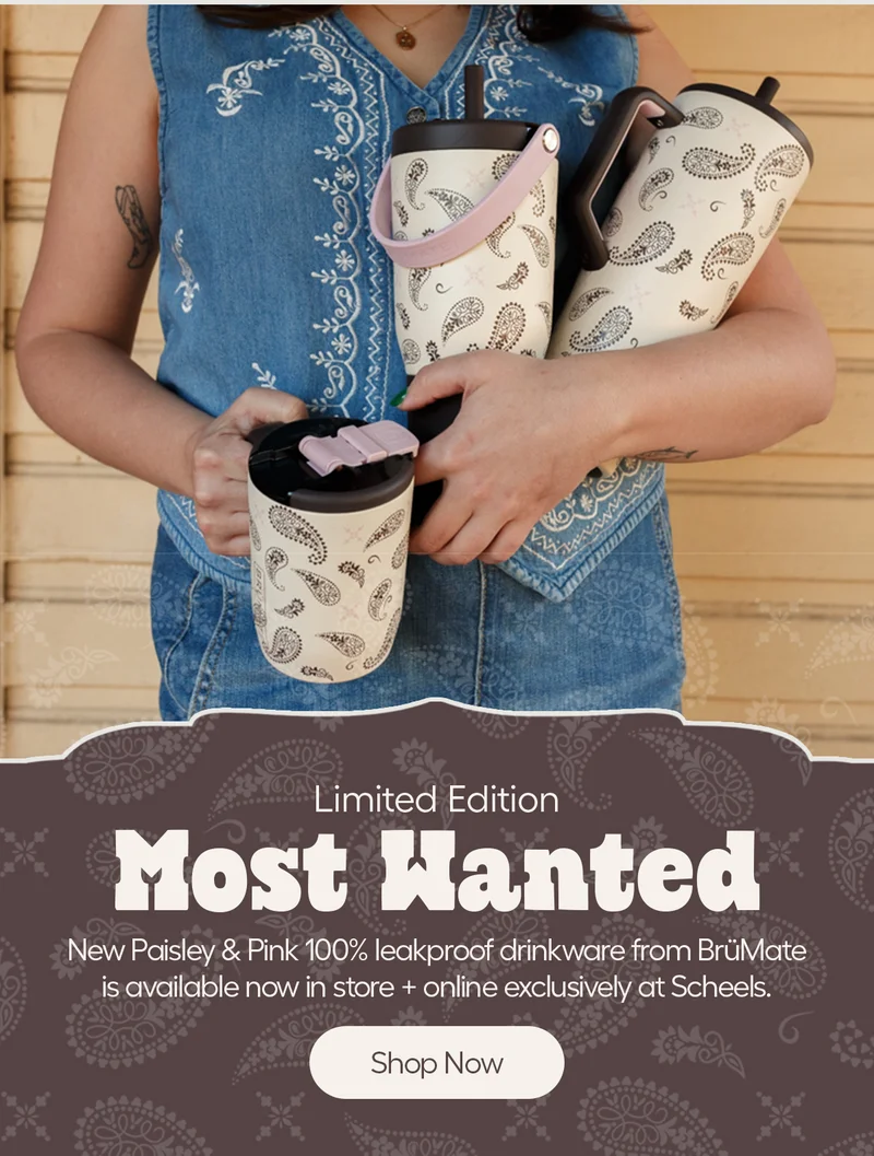 Limited Edition. Most Wanted. New Paisley & Pink 100% leakproof drinkware from BrüMate is available now in store + online exclusively at Scheels. - Shop Now