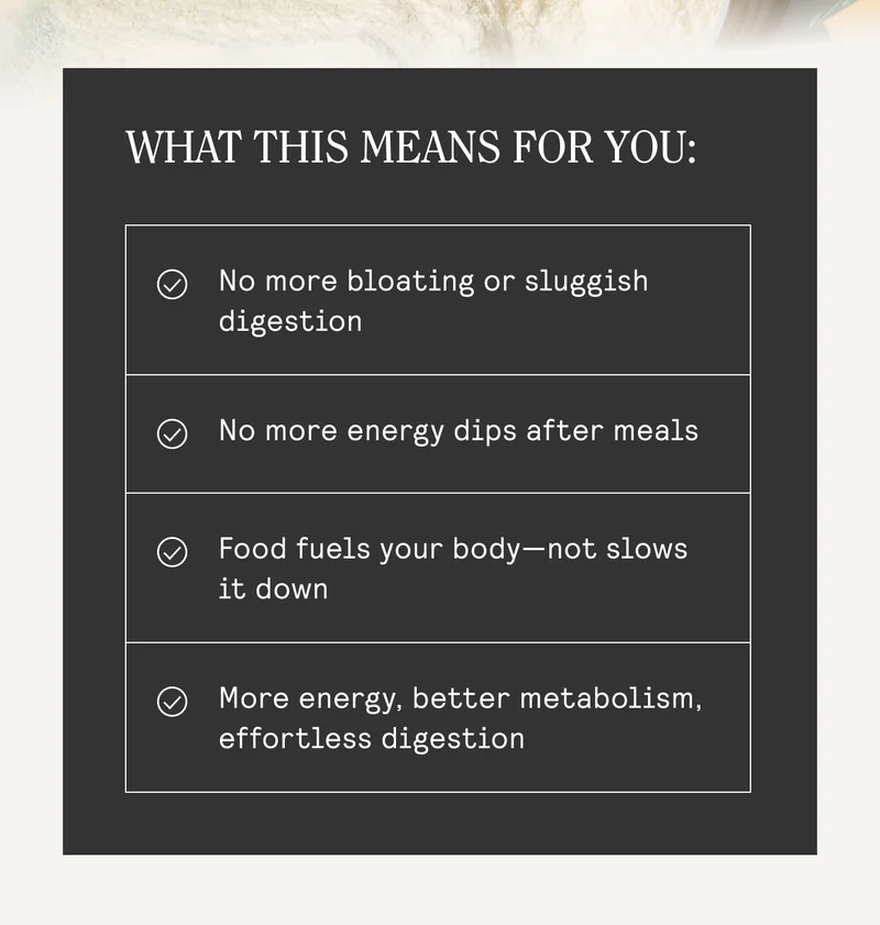 WHAT THIS MEANS FOR YOU:  © No more bloating or sluggish digestion  © No more energy dips after meals  © Food fuels your body—not slows it down  © More energy, better metabolism, effortless digestion