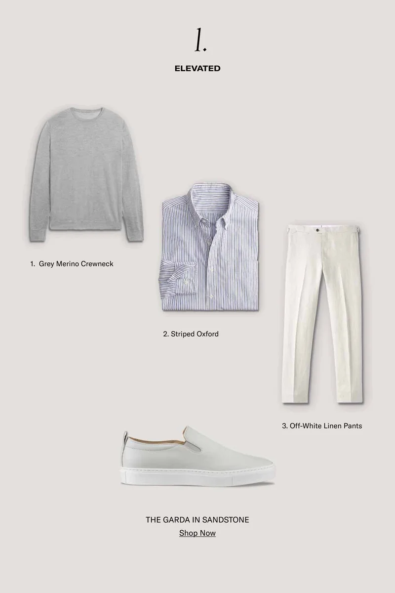 1. ELEVATED 1. Grey Merino Crewneck 2. Stripped Oxford 3. Off-White Linen Pants - THE GARDA IN SANDSTONE - Shop Now