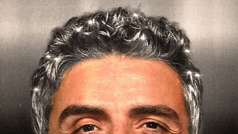 Image may contain: gray hair, Oscar Isaac, Face, Head, Person, Photography, Portrait, Happy, Smile, Adult, and Skin