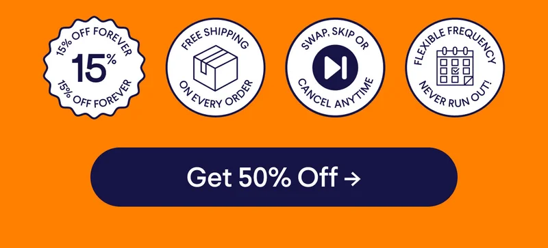 15% off forever badge, free shipping on every order badge, swap, skip, or cancel anytime badge, flexible frequency/ never run out badge.