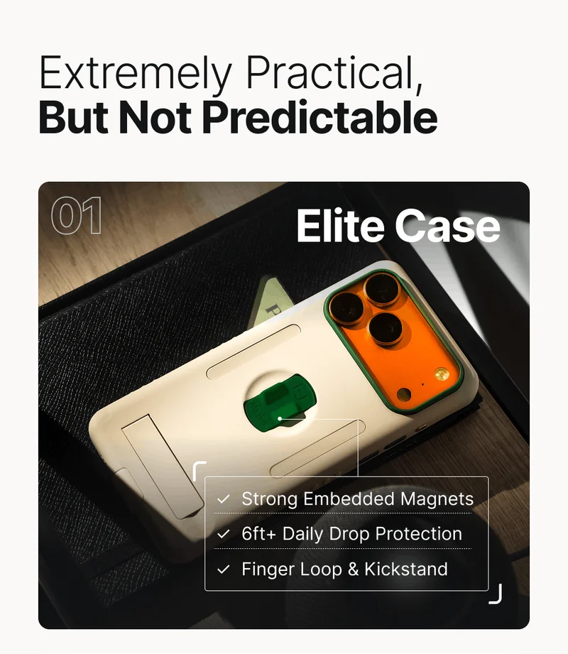 01 Elite Case ✓  Strong Embedded Magnets ✓  6ft+ Daily Drop Protection ✓  Finger Loop & Kickstand