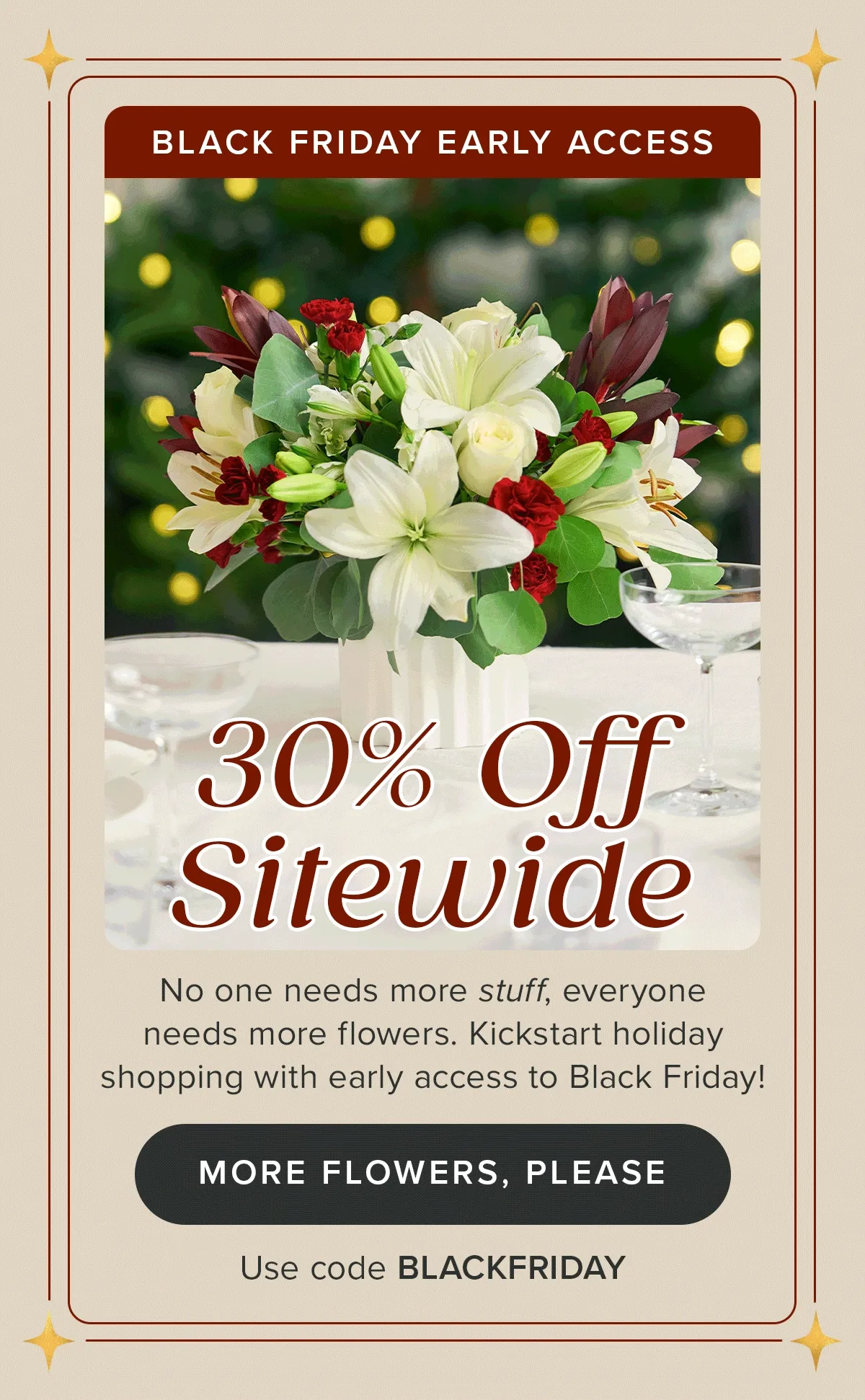 BLACK FRIDAY EARLY ACCESS 30% Off Sitewide No one needs more stuff, everyone needs more flowers. Kickstart holiday shopping with early access to Black Friday! MORE FLOWERS, PLEASE Use code BLACKFRIDAY