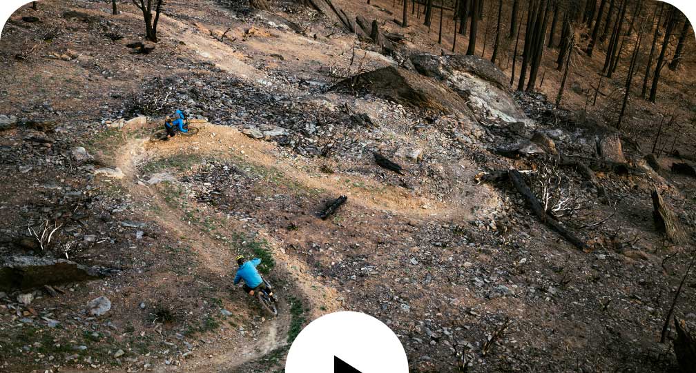 Two mountain bikers ride a winding trail through a fire-scarred landscape.