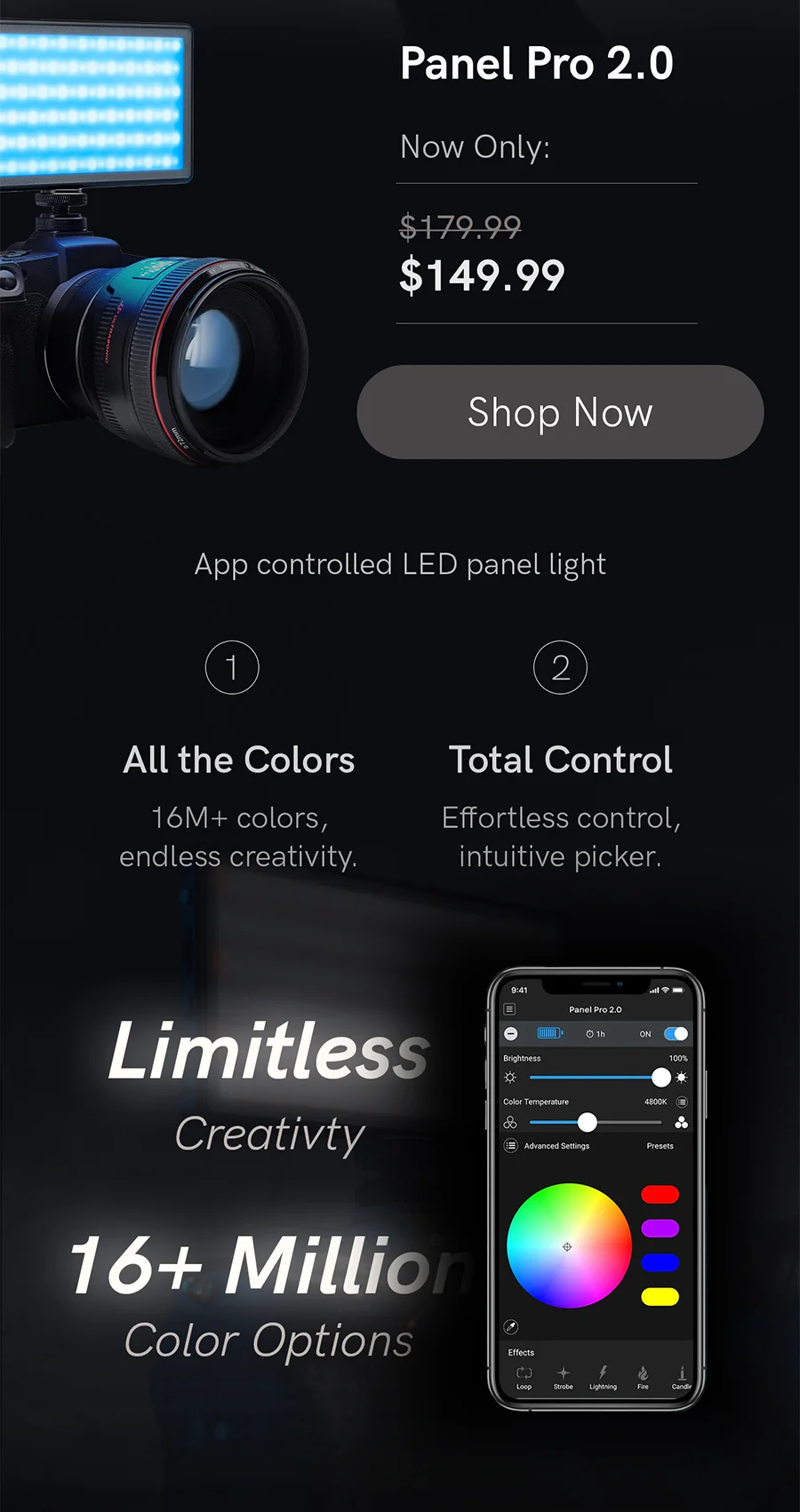 Panel Pro 2.0 with app-controlled lighting and 16M+ color options for creative shoots.