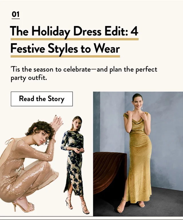 Models wearing holiday dresses.