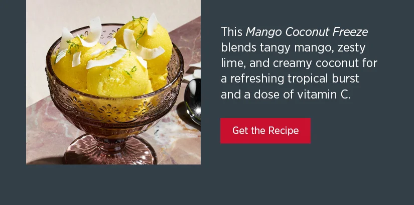 This Mango Coconut Freeze blends tangy mango, zesty lime, and creamy coconut for a refreshing tropical burst and a dose of vitamin C.