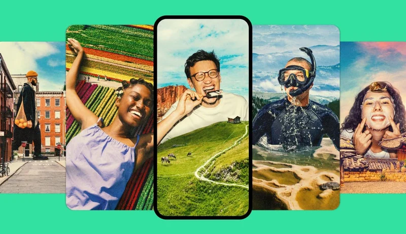 Image Description: Five phone screens with images of people doing various activities including walking in a city, laying in a field of flowers, eating a popsicle, snorkeling, and wearing a beauty face mask.
